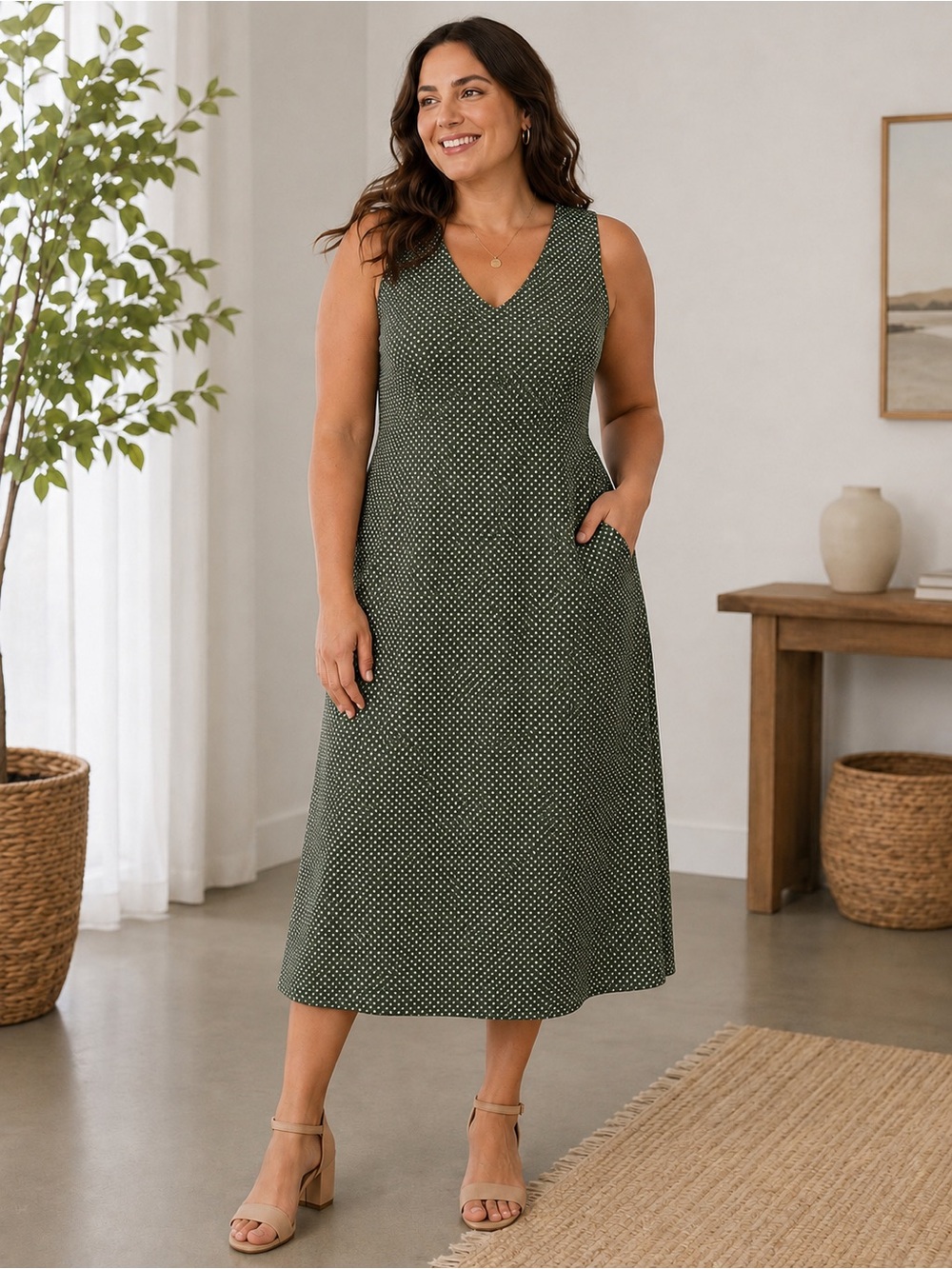 Northern Reflections Green White Polka Dot Sleeveless Midi Dress - Picture 7 of 7